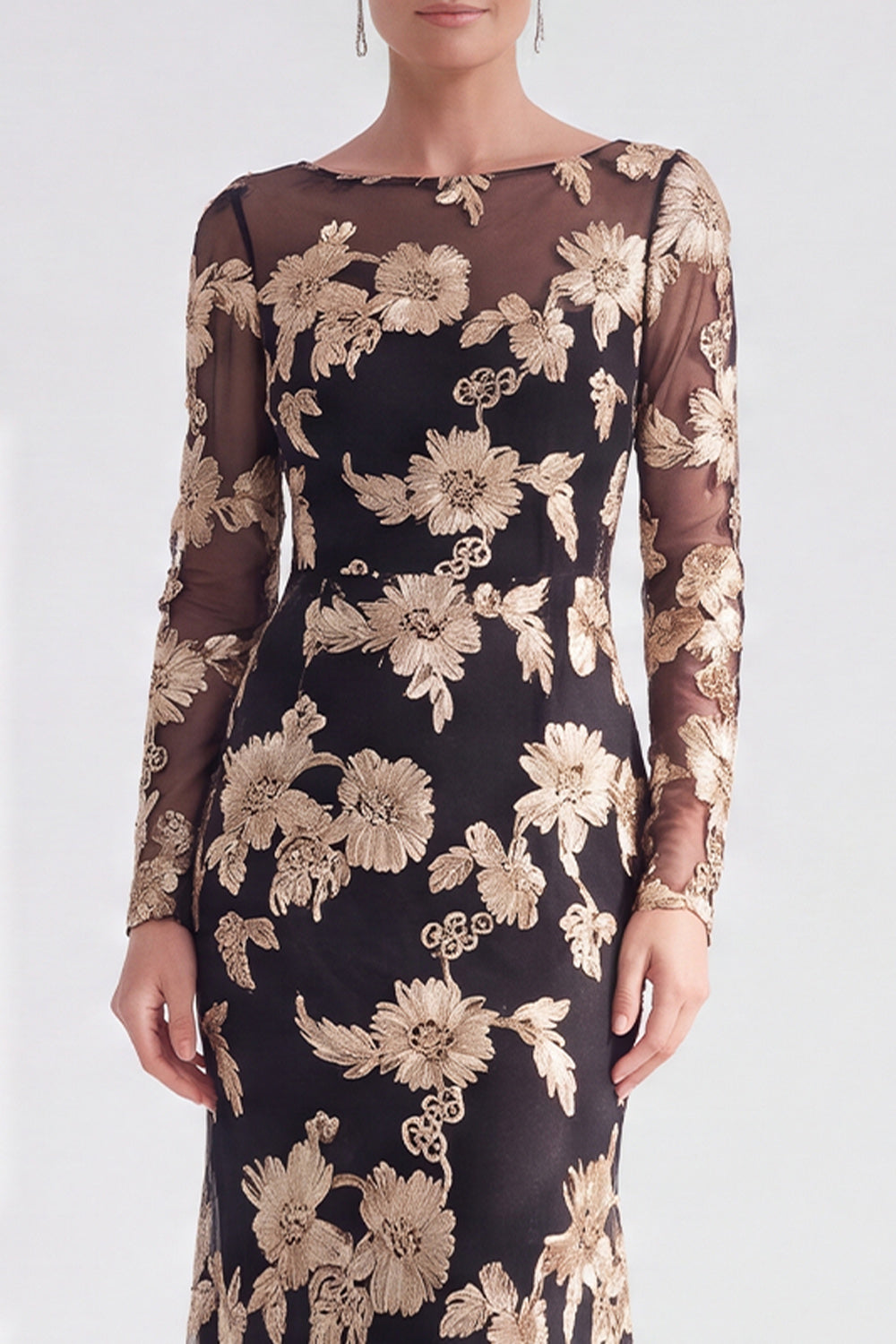 Navy Floral Illusion Boat Neck Long Sleeves Mother of the Bride Dress
