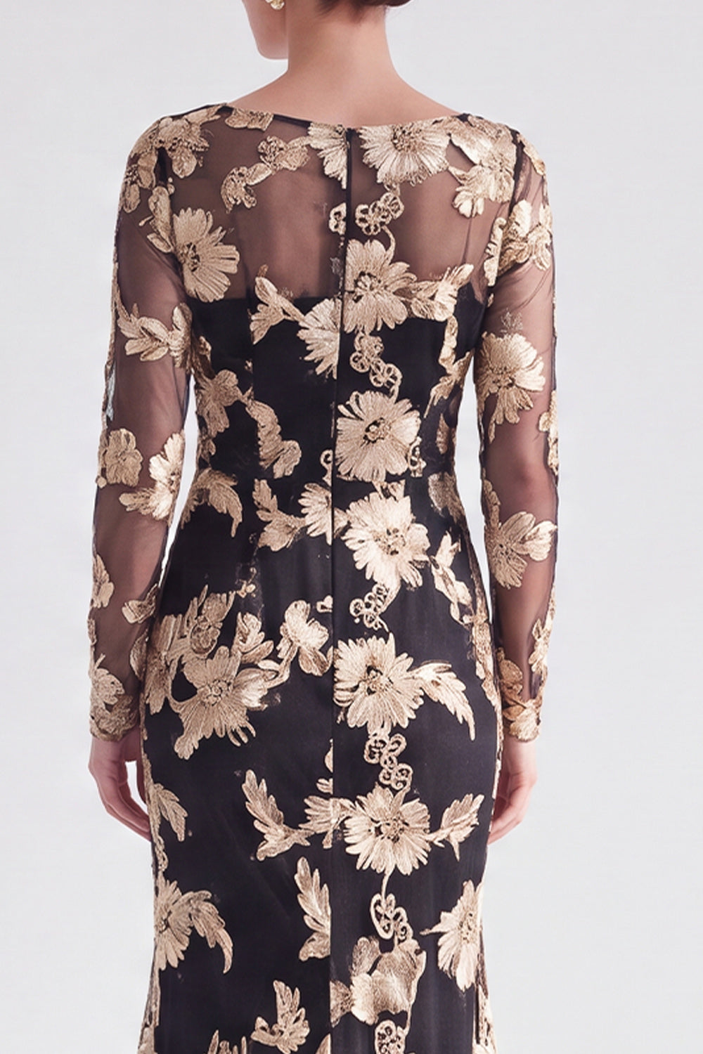 Navy Floral Illusion Boat Neck Long Sleeves Mother of the Bride Dress