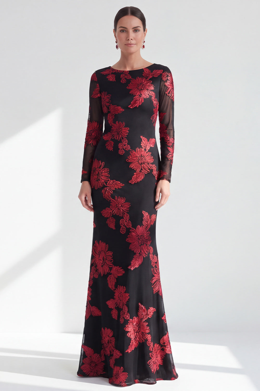 Navy Floral Illusion Boat Neck Long Sleeves Mother of the Bride Dress