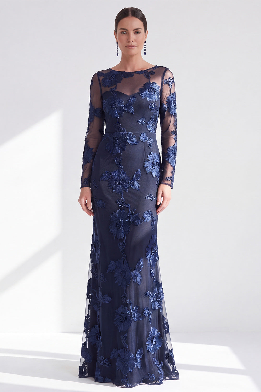 Navy Floral Mermaid Long Mother of the Bride Dress with Sleeves Illusion Boat Neck Formal Dress