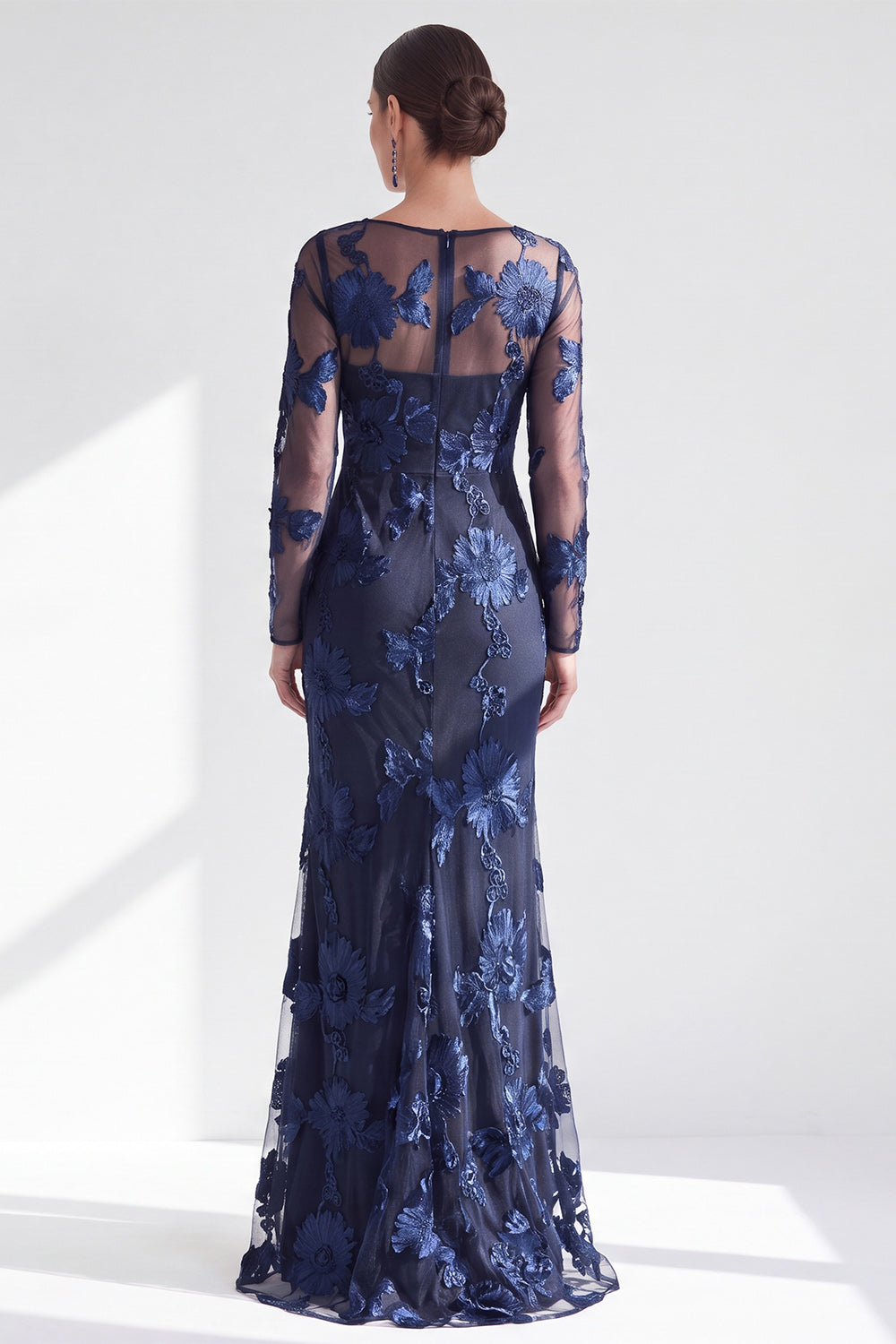 Navy Floral Illusion Boat Neck Long Sleeves Mother of the Bride Dress
