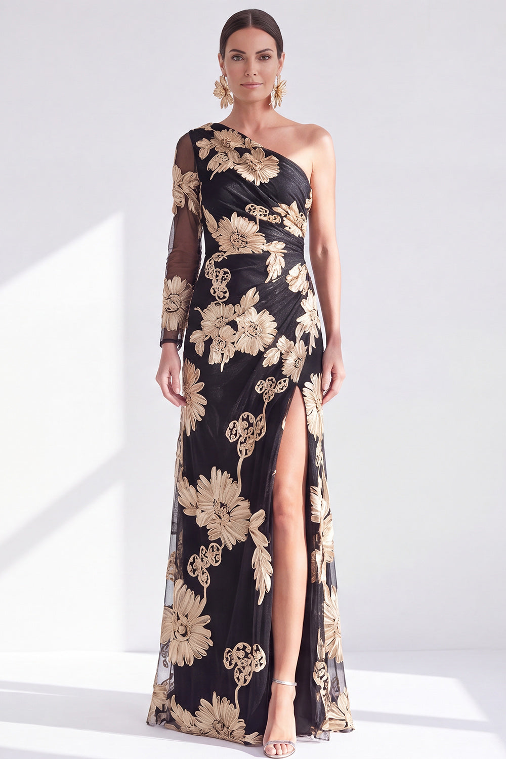 Black Red Floral One Shoulder Long Mother of the Bride Dress with Slit