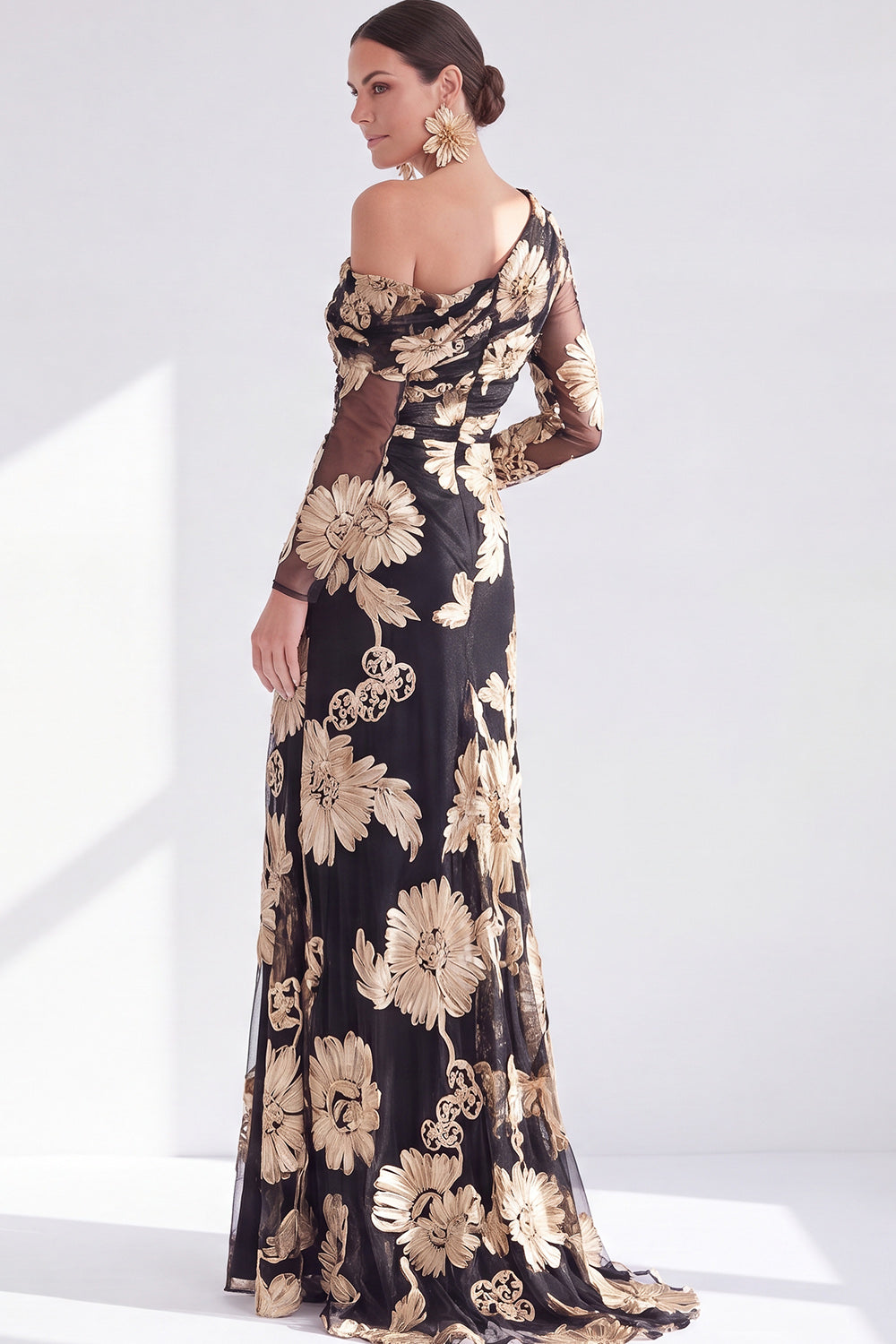 Black Red Floral One Shoulder Long Mother of the Bride Dress with Slit