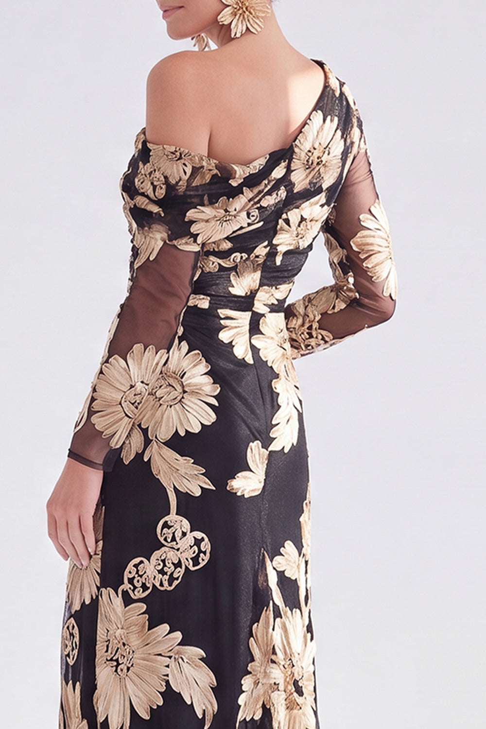 Black Red Floral One Shoulder Long Mother of the Bride Dress with Slit