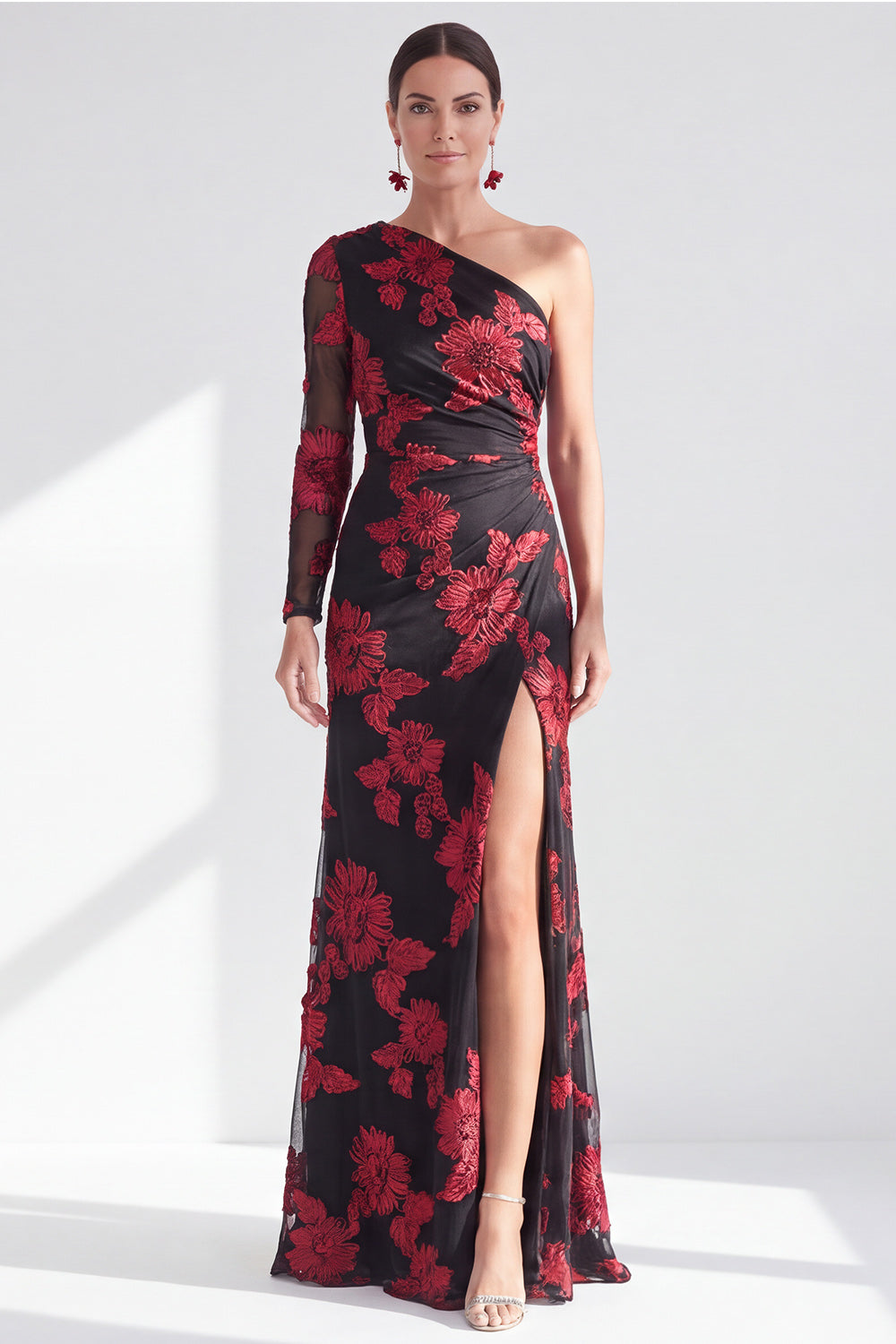 Black Red Mermaid Floral Mother of the Bride Dress with Slit Ruched Long Sleeve One Shoulder Formal Dress