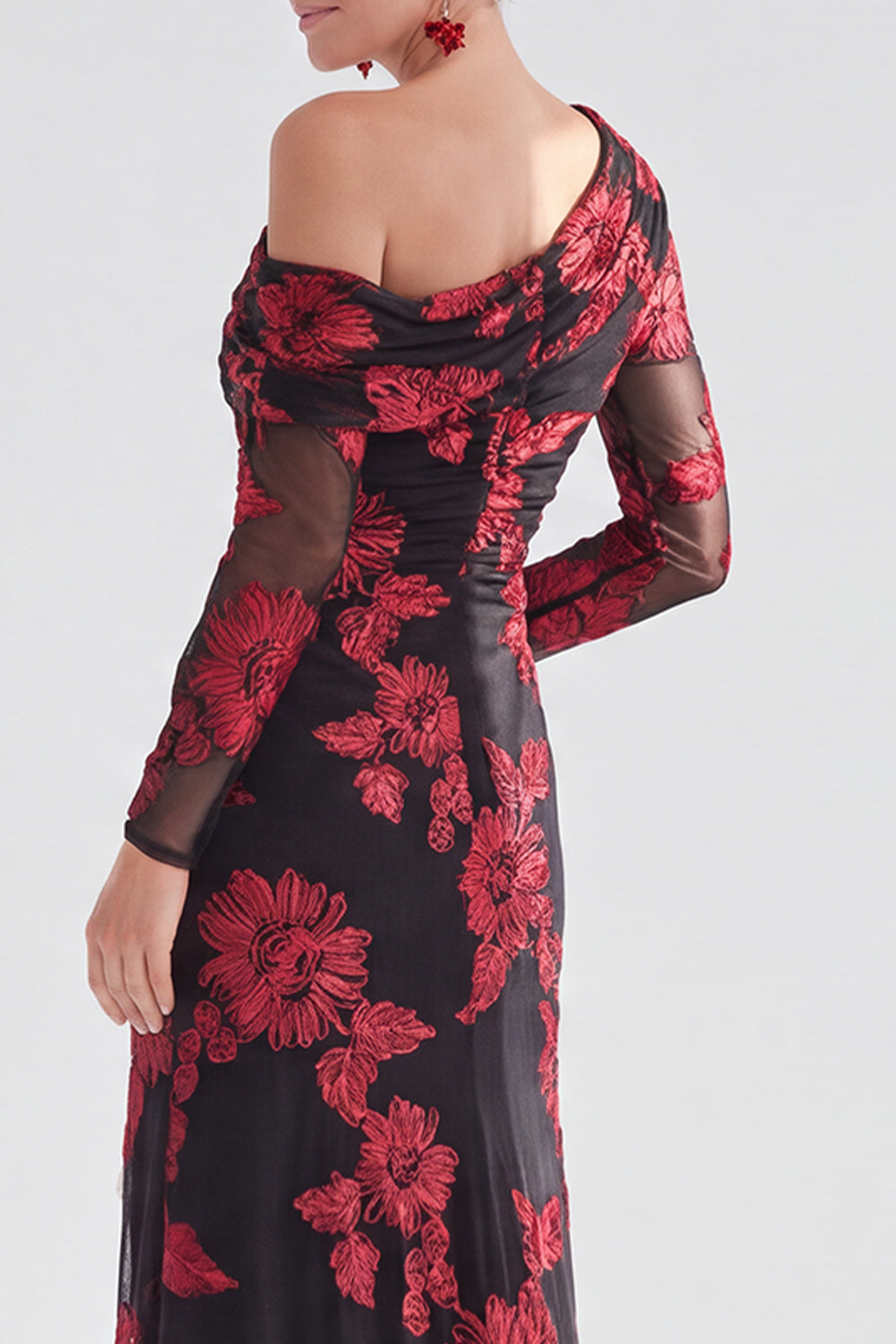 Black Red Floral One Shoulder Long Mother of the Bride Dress with Slit