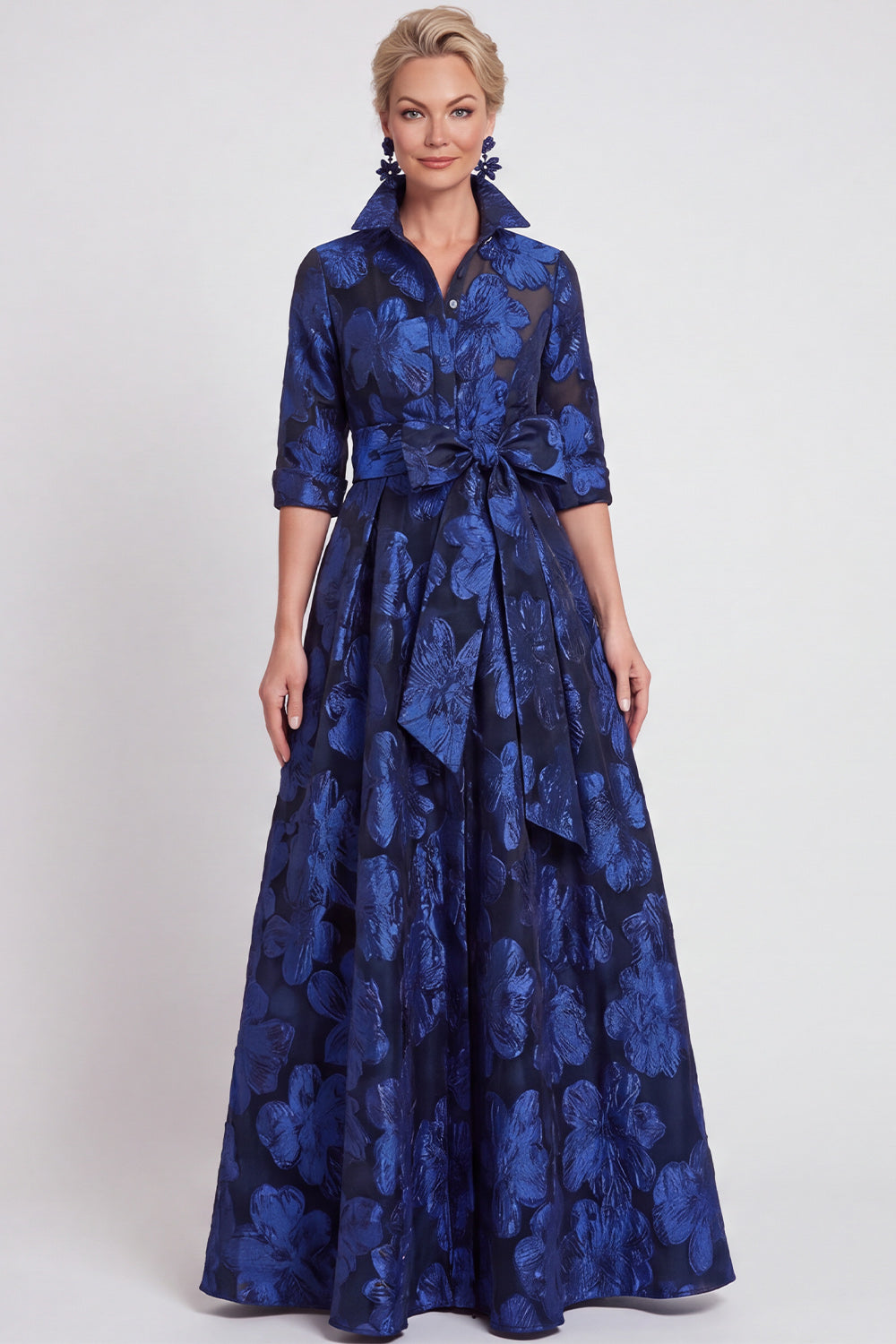 Floral Navy Gold Dot A Line Jacquard Long Mother of the Bride Dress with Bow