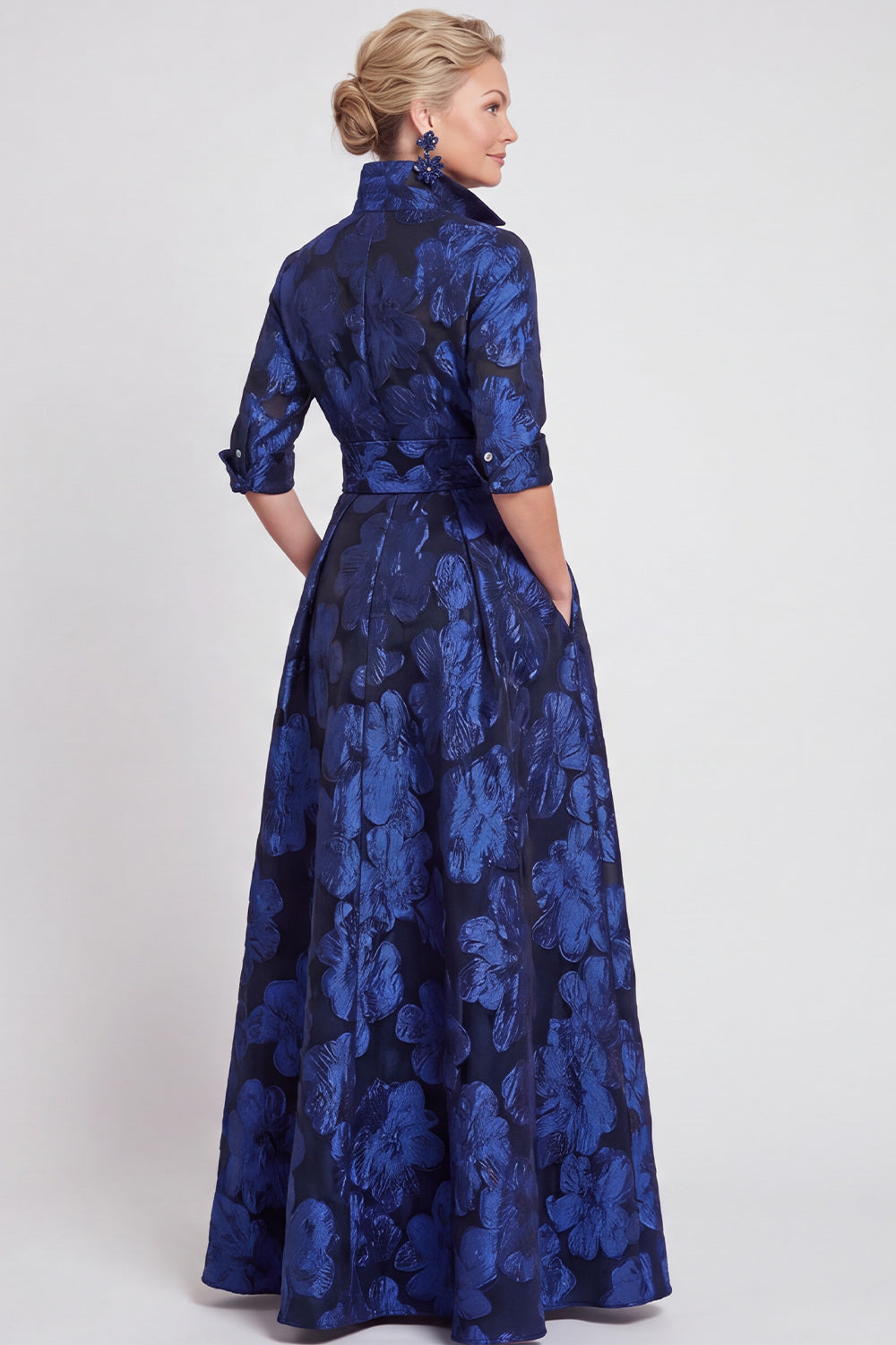 Floral Navy Gold Dot A Line Jacquard Long Mother of the Bride Dress with Bow