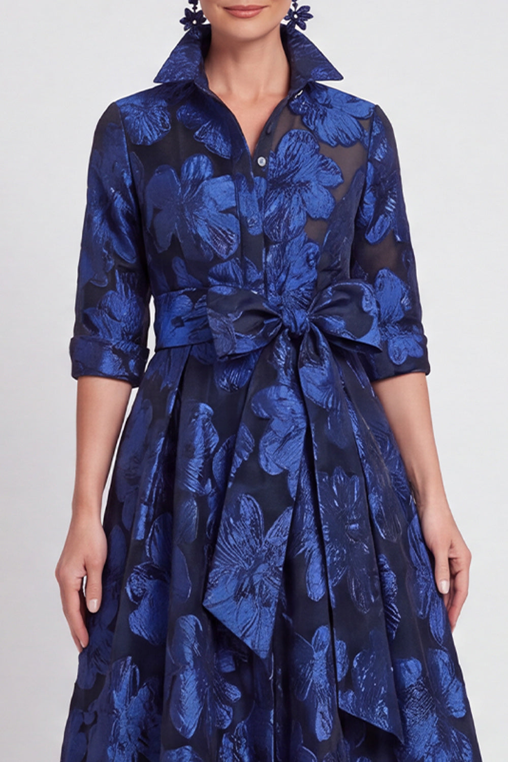 Floral Navy Gold Dot A Line Jacquard Long Mother of the Bride Dress with Bow