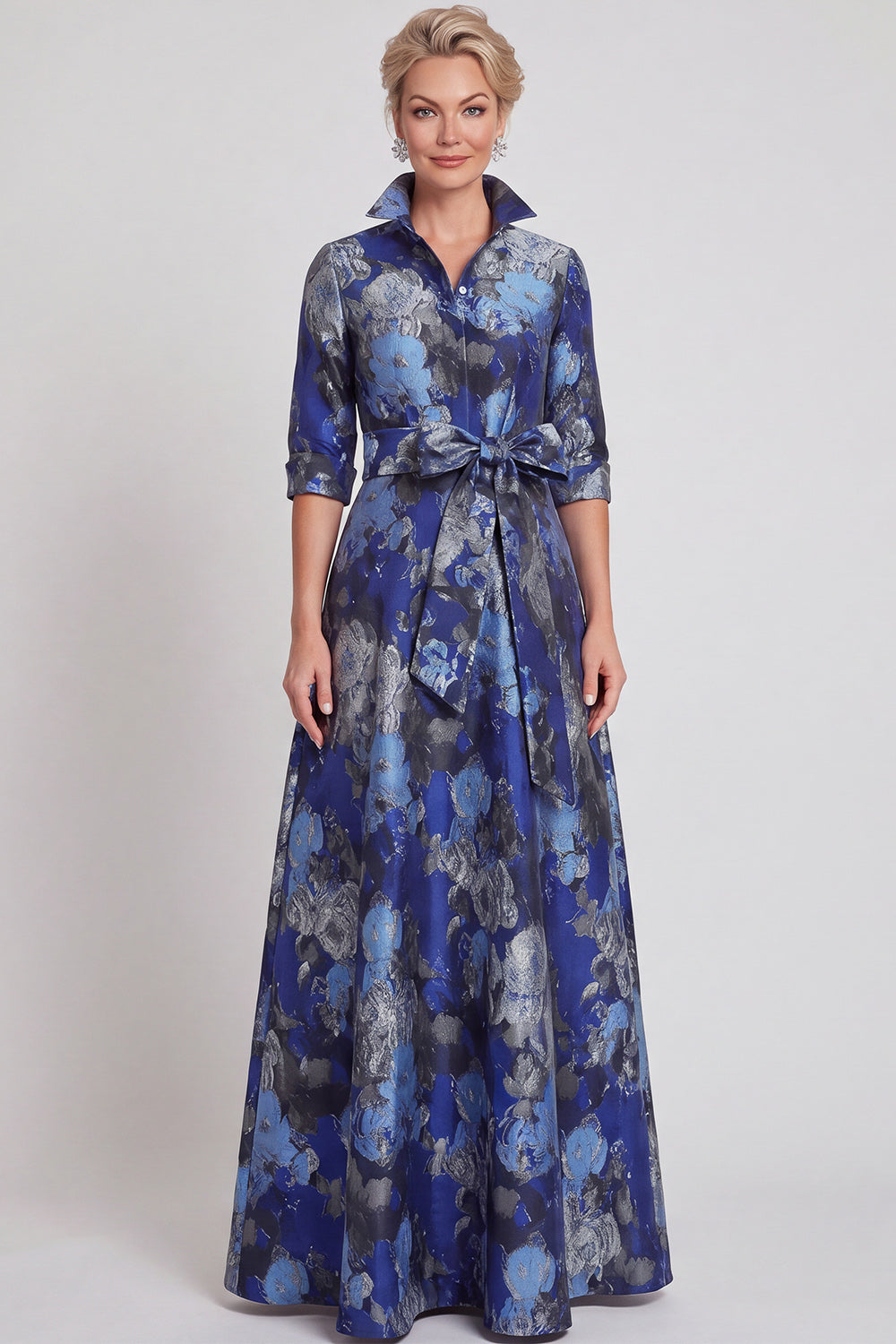 Floral Navy Gold Dot A Line Jacquard Long Mother of the Bride Dress with Bow