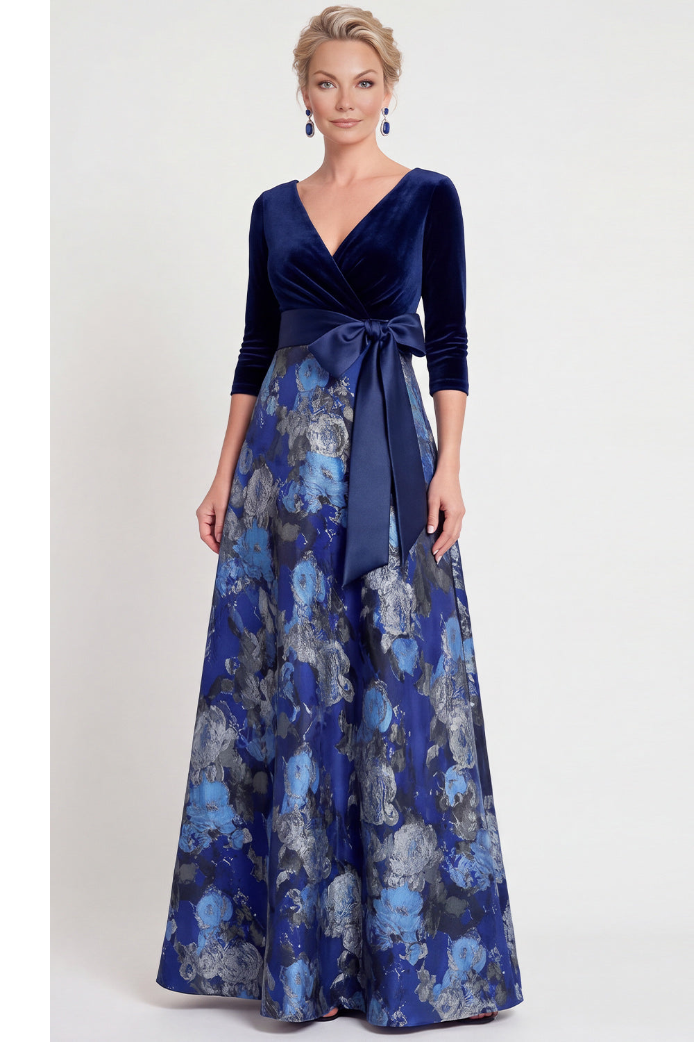 Red Flower Velvet A Line Long Mother of the Bride Dress with Bow