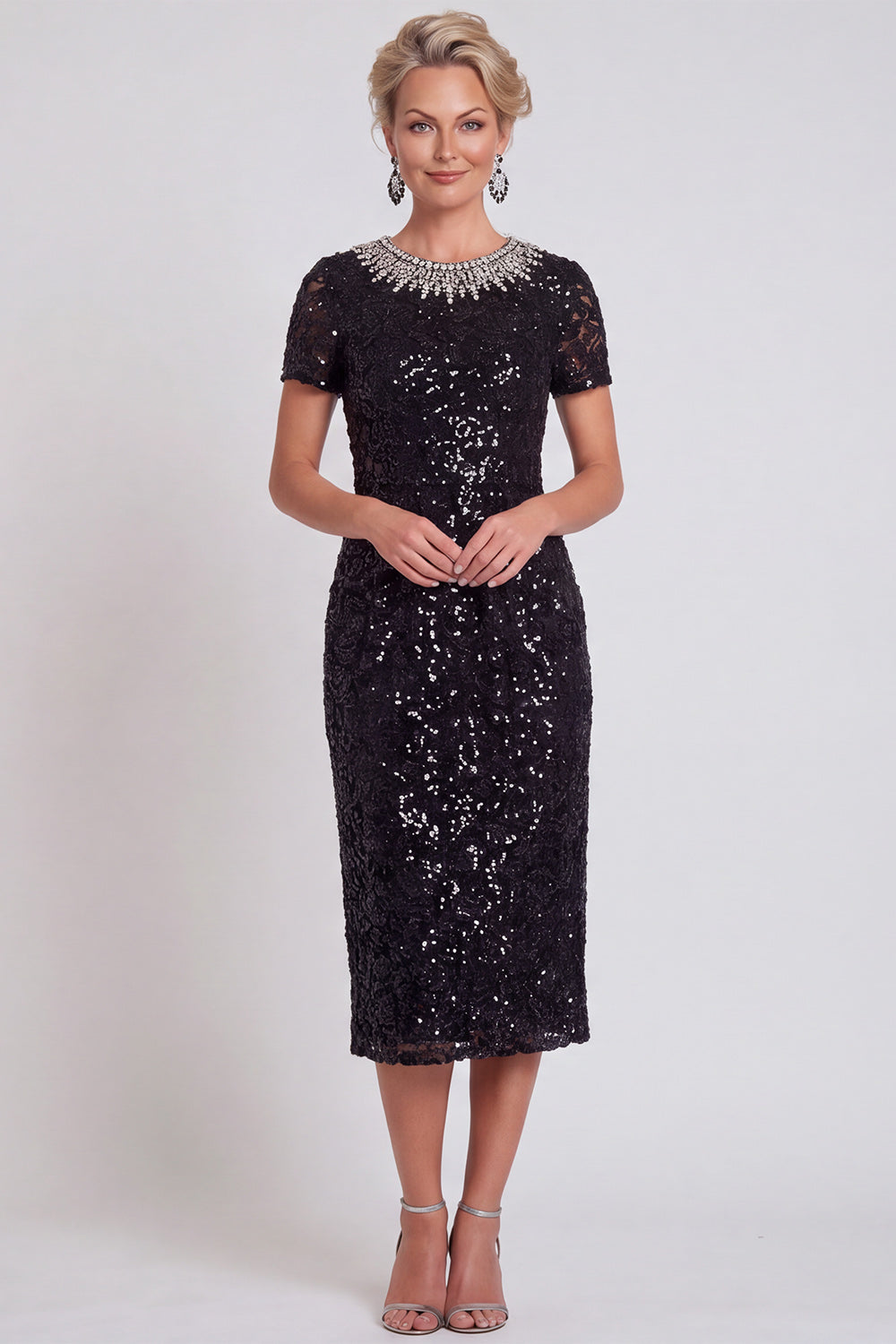Sparkly Sequin Burgundy Bodycon Midi Mother of the Bride Dress with Sleeves