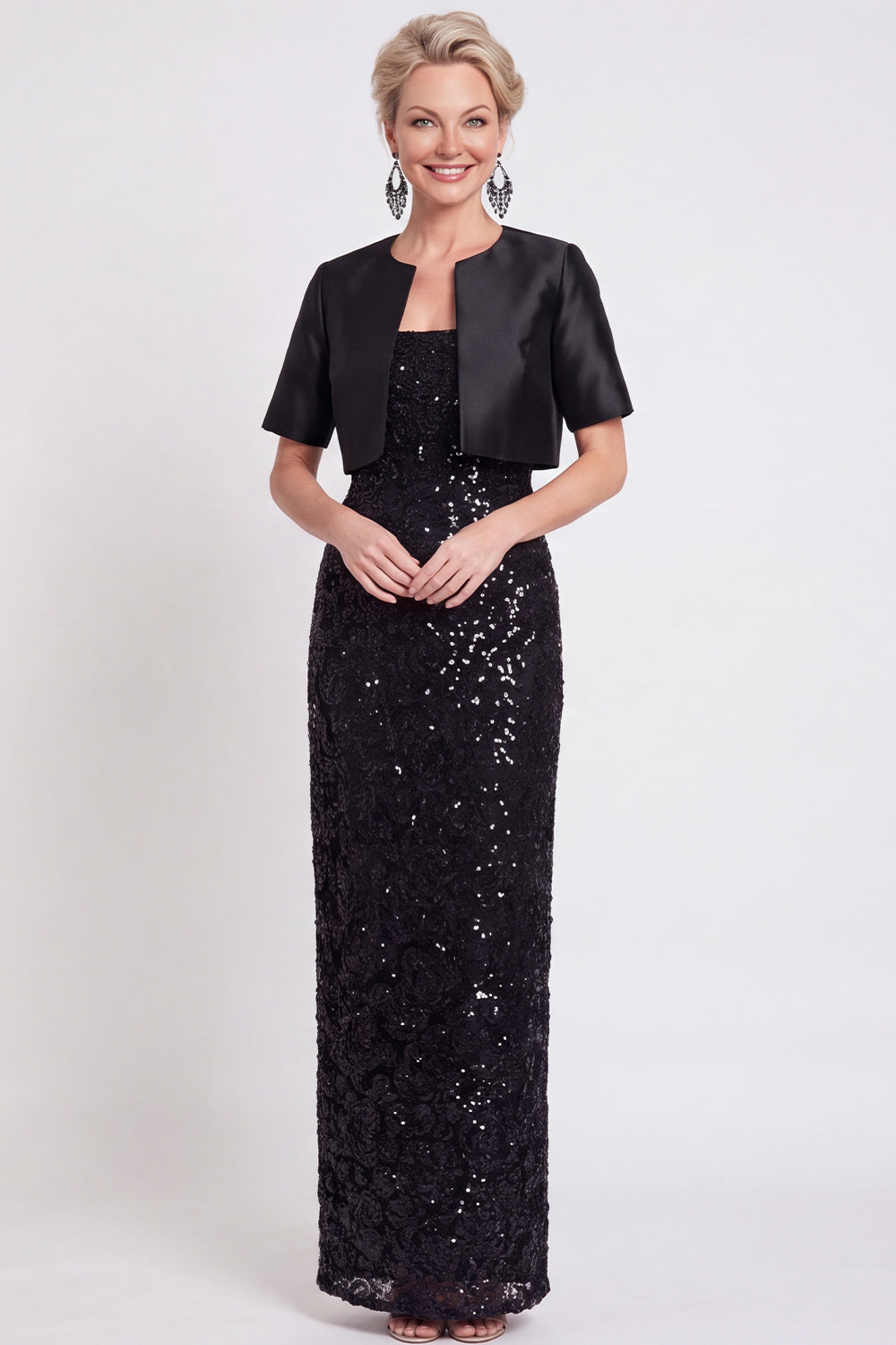 Sparkly Sequin Navy Two Piece Sheath Long Mother of the Bride Dress with Jacket