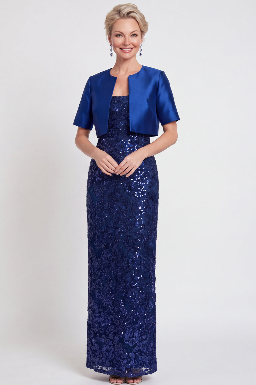 Navy Sparkly 2-Piece Satin Long Mother of the Bride Dress with Jacket Round Neck Sheath Sequin Formal Dress with Sleeves