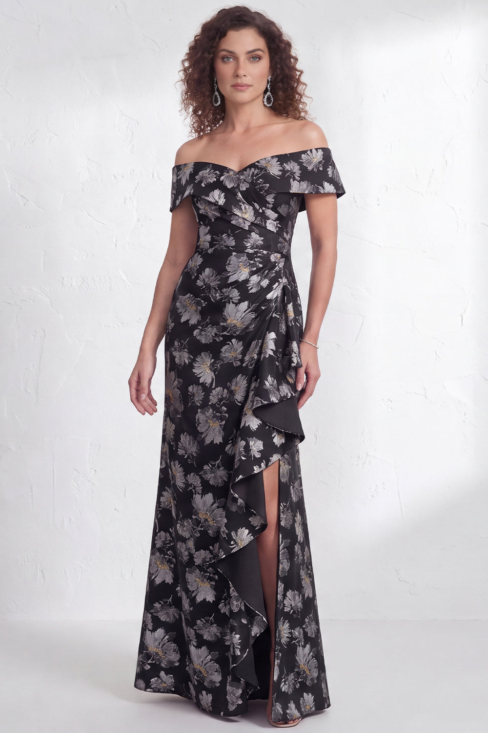 Navy Green Floral Mermaid Ruffled Long Mother of the Bride Dress with Slit