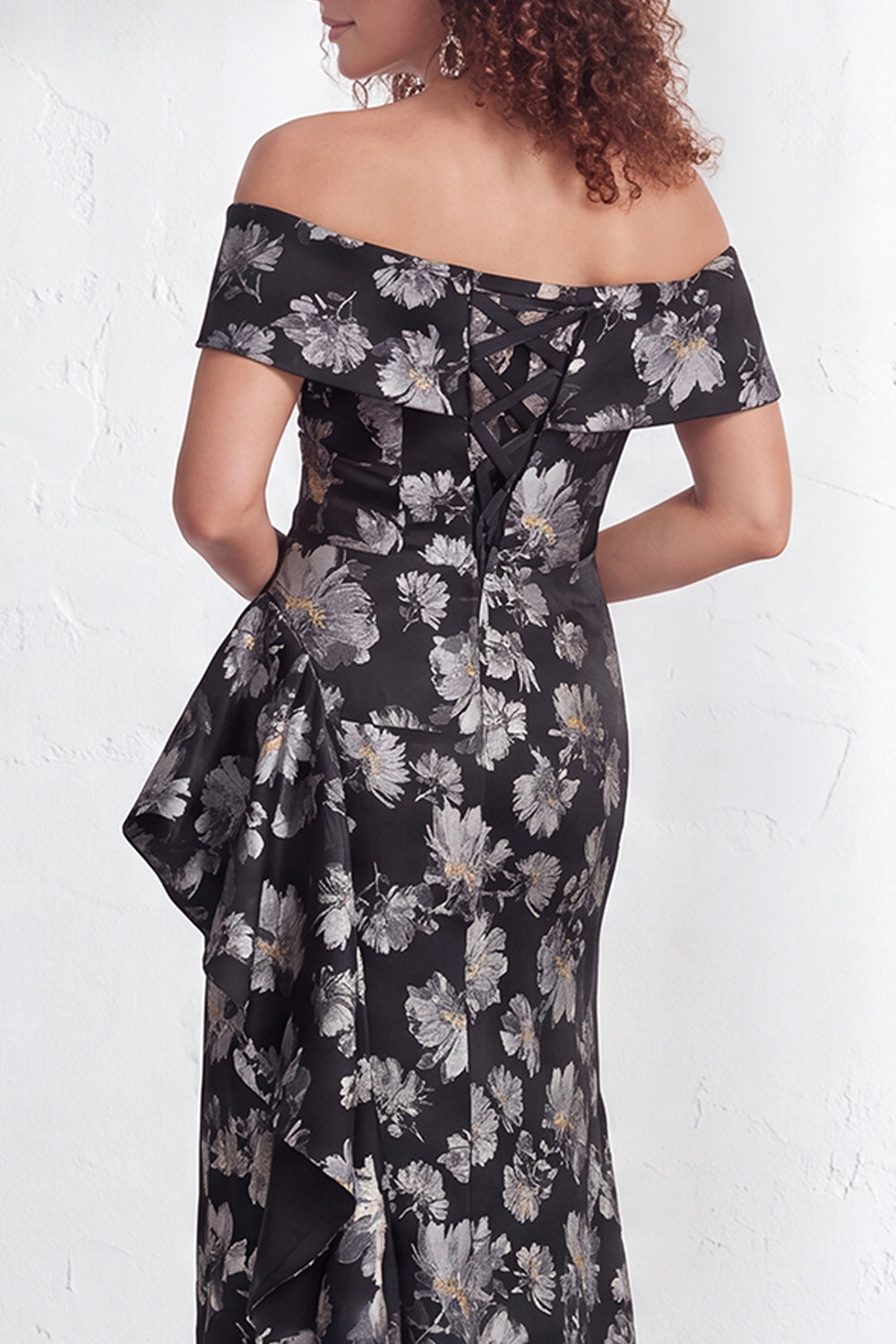 Navy Green Floral Mermaid Ruffled Long Mother of the Bride Dress with Slit