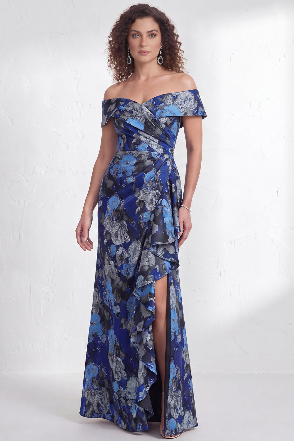 Navy Green Floral Mermaid Ruffled Long Mother of the Bride Dress with Slit