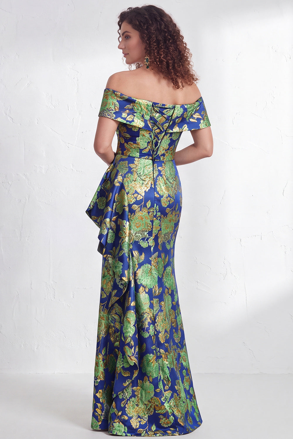 Navy Green Floral Mermaid Ruffled Long Mother of the Bride Dress with Slit