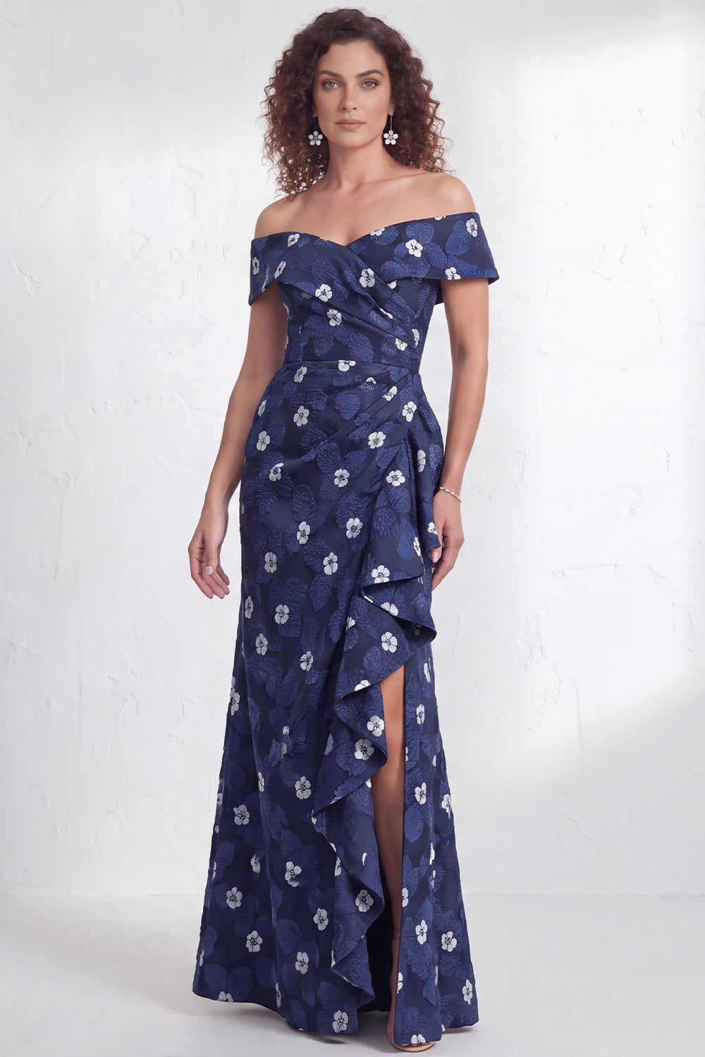 Navy Green Floral Mermaid Ruffled Long Mother of the Bride Dress with Slit