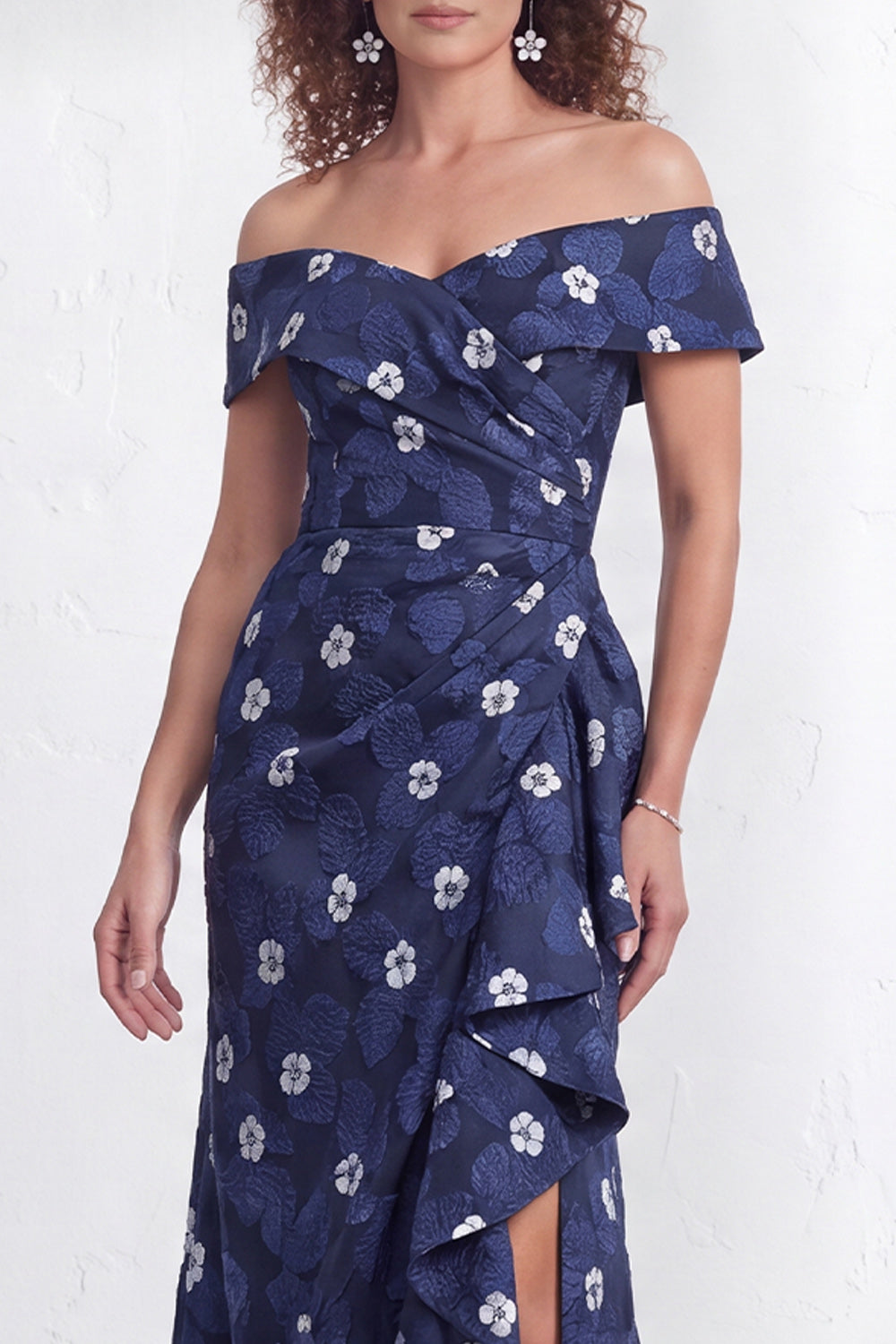 Navy Green Floral Mermaid Ruffled Long Mother of the Bride Dress with Slit
