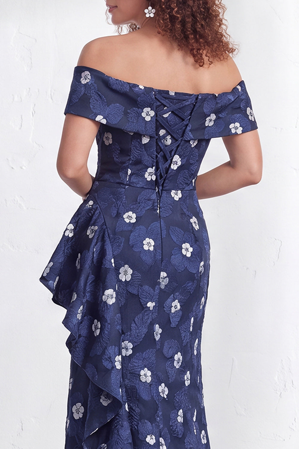 Navy Green Floral Mermaid Ruffled Long Mother of the Bride Dress with Slit
