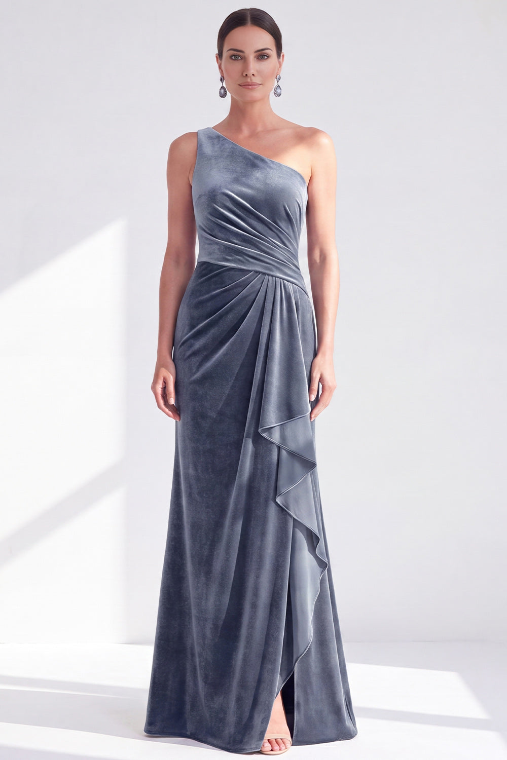 Navy Velvet One Shoulder Mermaid Long Mother of the Bride Dress