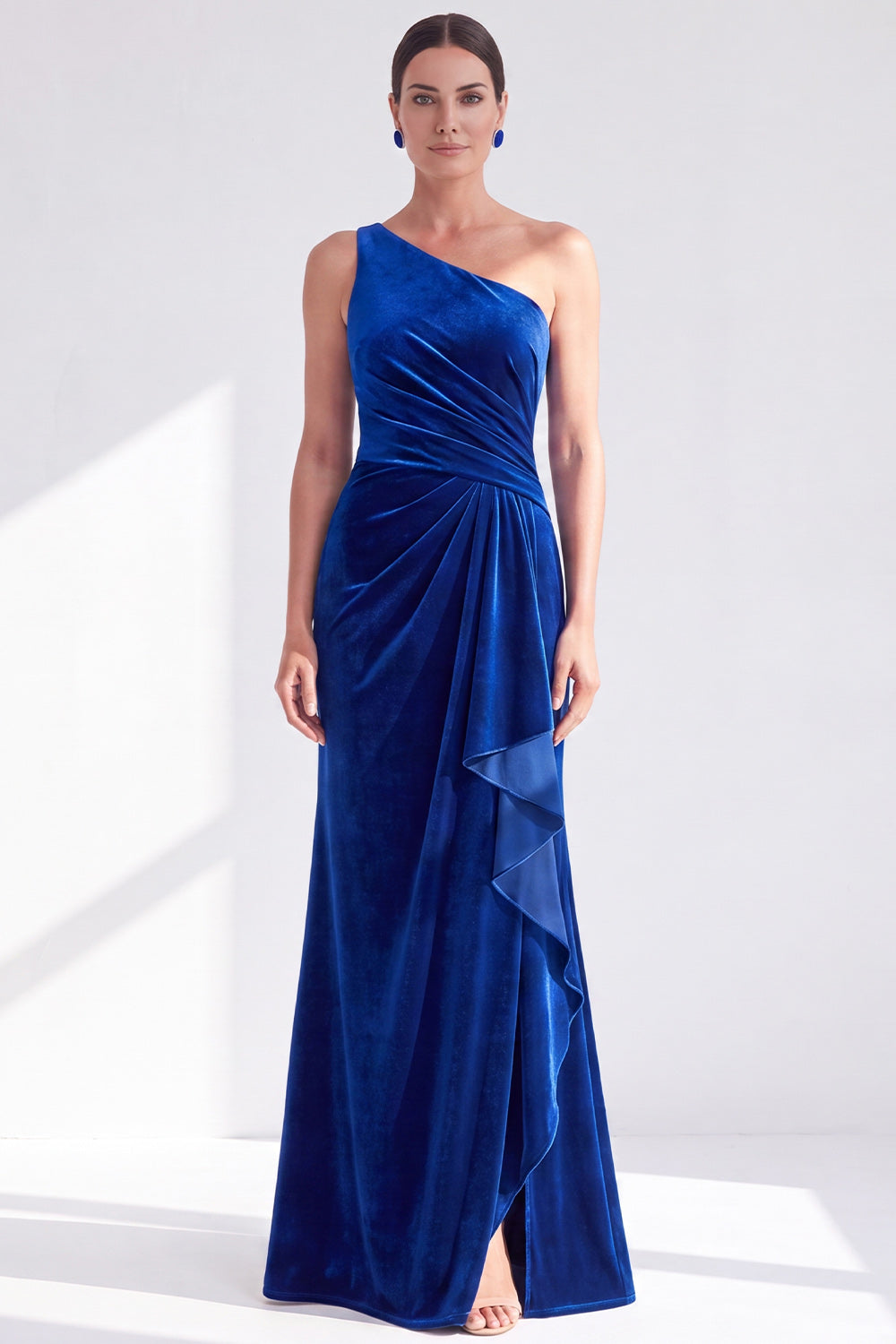 Navy Velvet One Shoulder Mermaid Long Mother of the Bride Dress