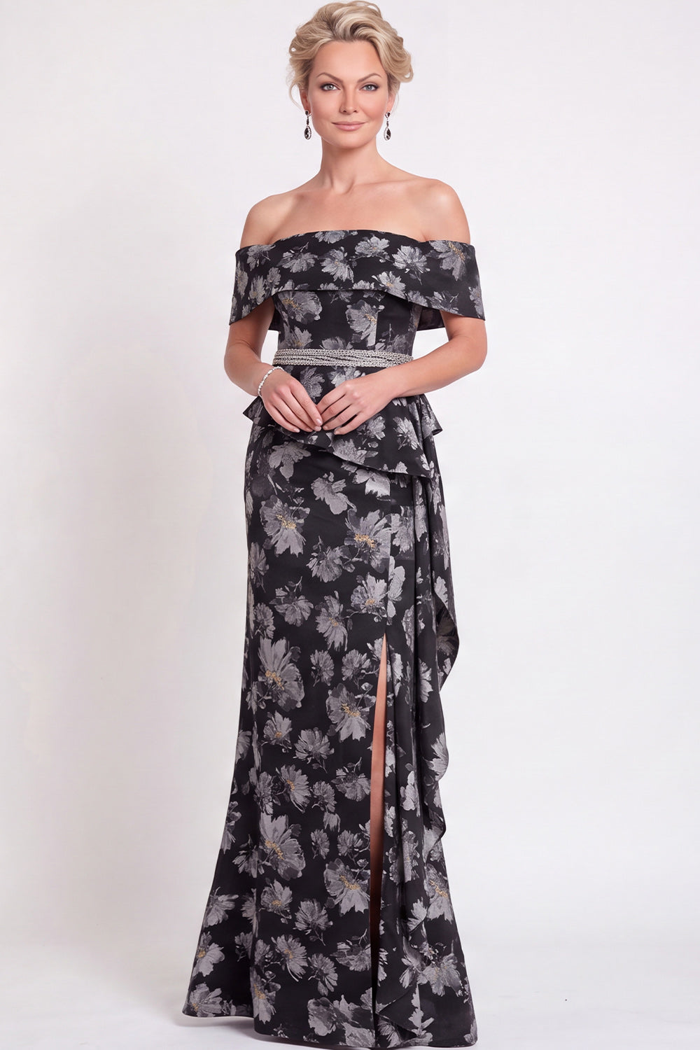 Navy Blue Floral Mermaid Off the Shoulder Long Mother of the Bride Dress with Slit