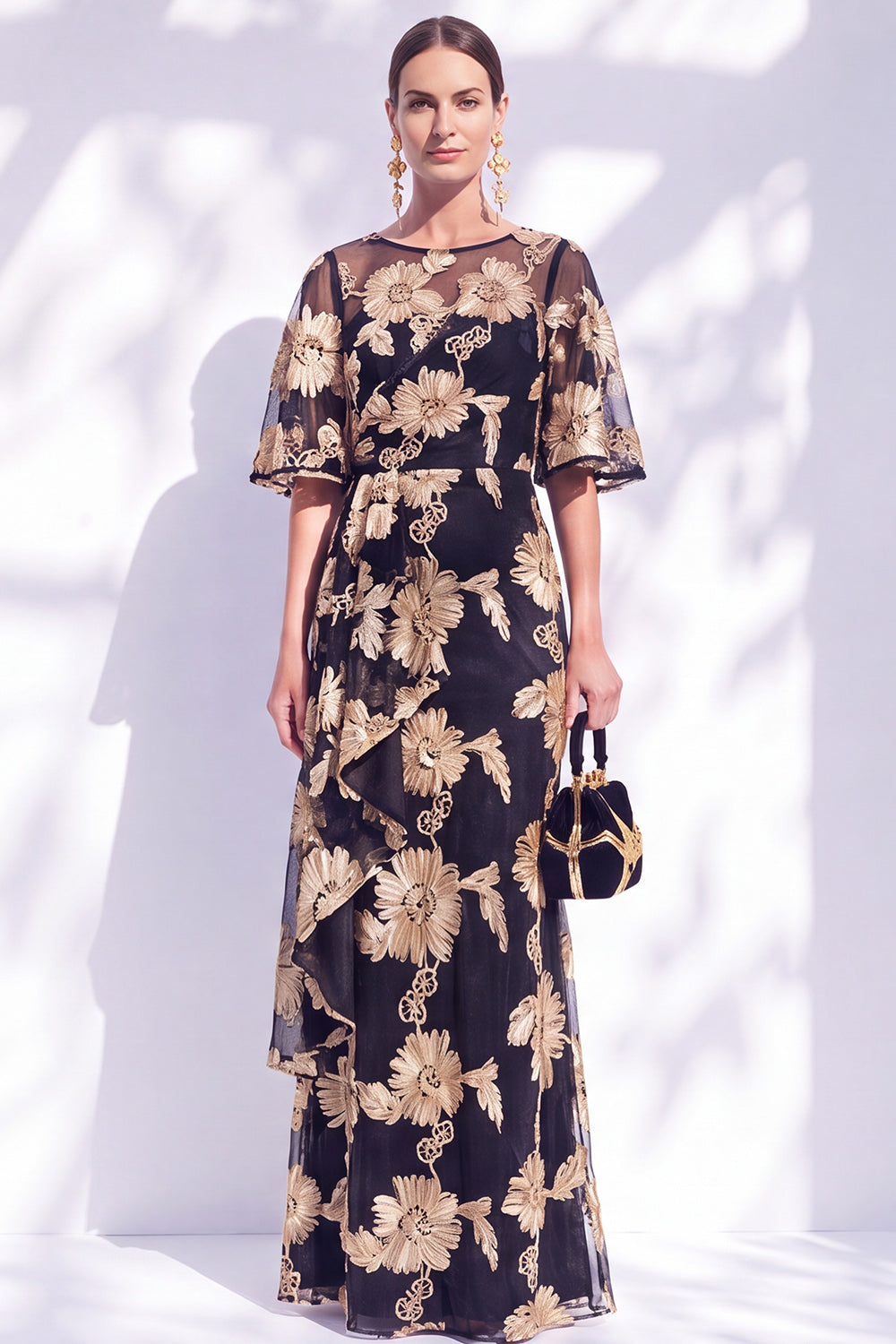 Black Red Floral Mermaid Illusin Boat Neck Long Mother of the Bride Dress