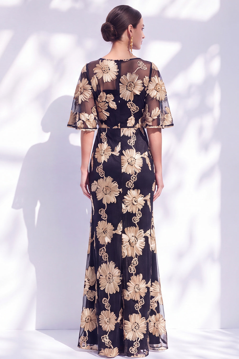 Black Red Floral Mermaid Illusin Boat Neck Long Mother of the Bride Dress