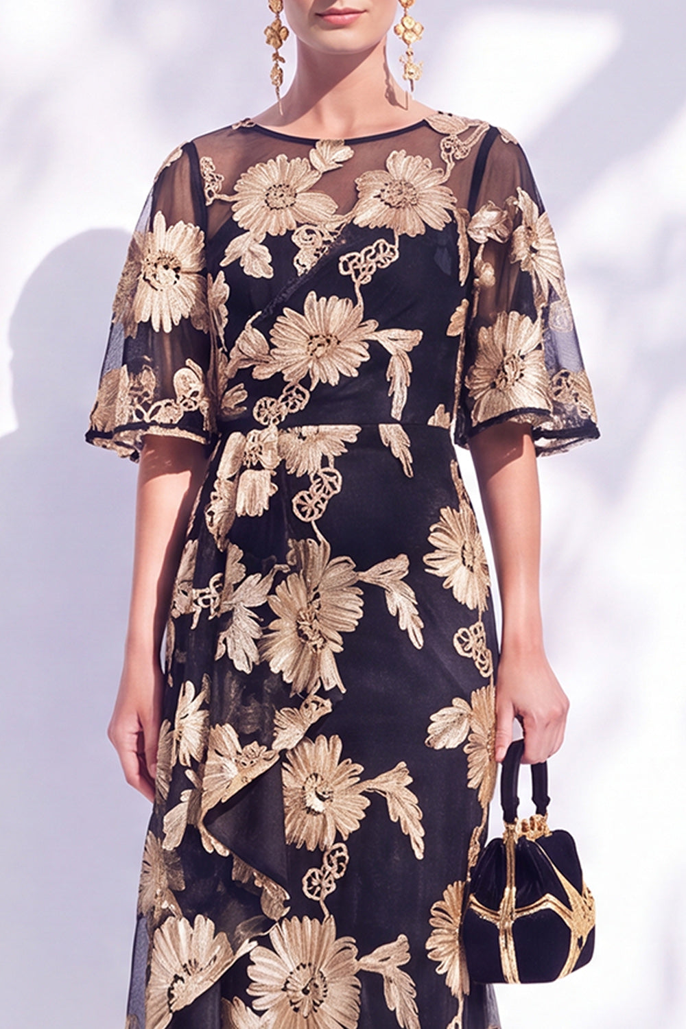 Black Red Floral Mermaid Illusin Boat Neck Long Mother of the Bride Dress