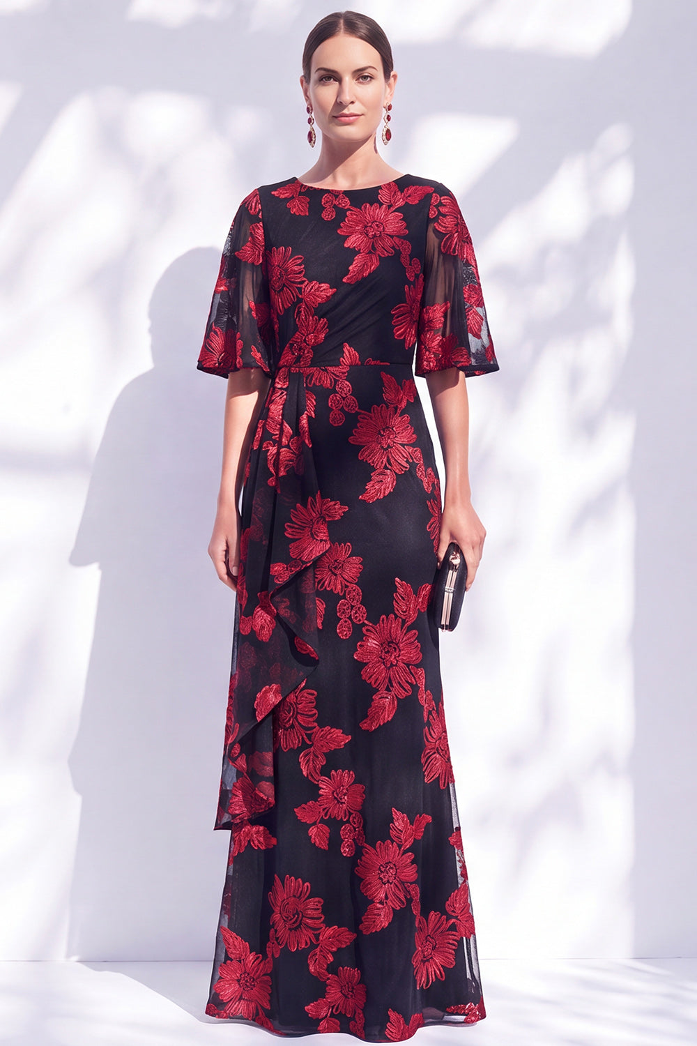Black Red Ruffled Floral Long Mother of the Bride Dress Half Sleeves Mermaid Illusin Boat Neck Formal Dress