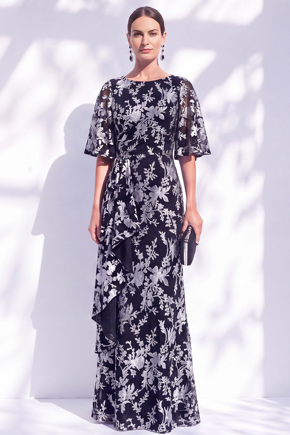 Dark Purple Floral Mermaid Long Mother of the Bride Dress with Sleeves