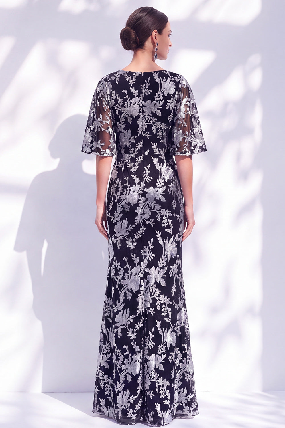 Dark Purple Floral Mermaid Long Mother of the Bride Dress with Sleeves