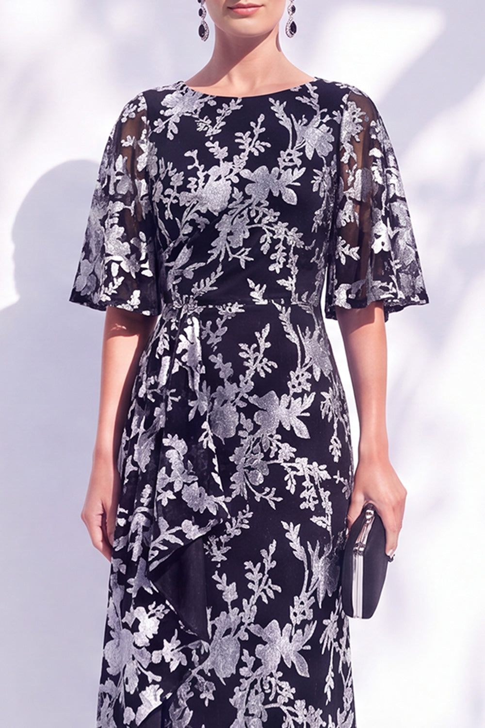 Dark Purple Floral Mermaid Long Mother of the Bride Dress with Sleeves