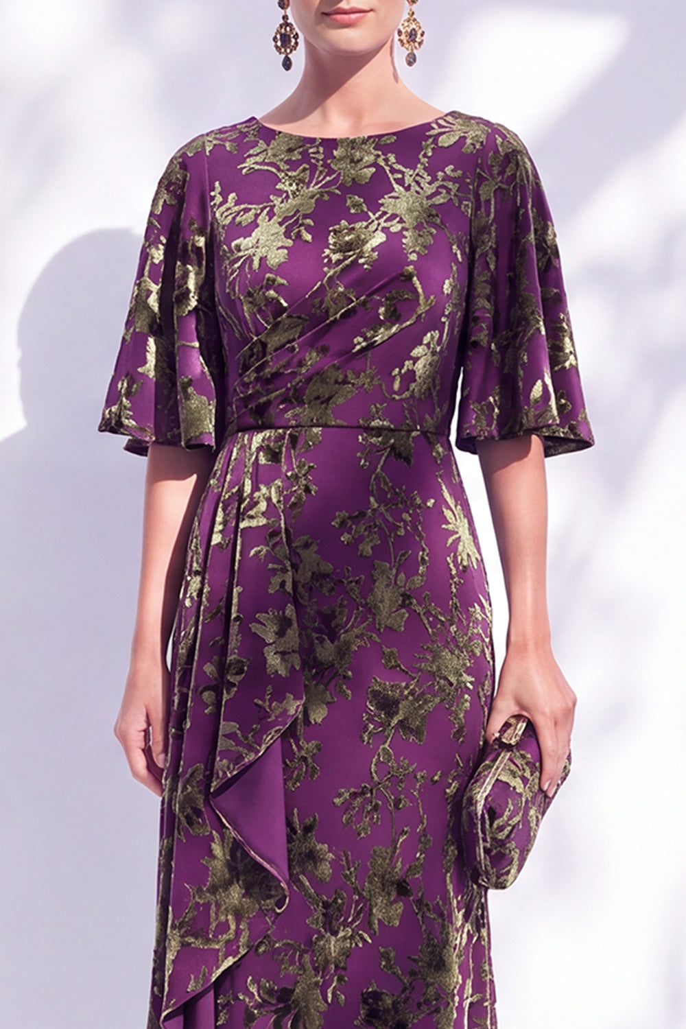 Dark Purple Floral Mermaid Long Mother of the Bride Dress with Sleeves