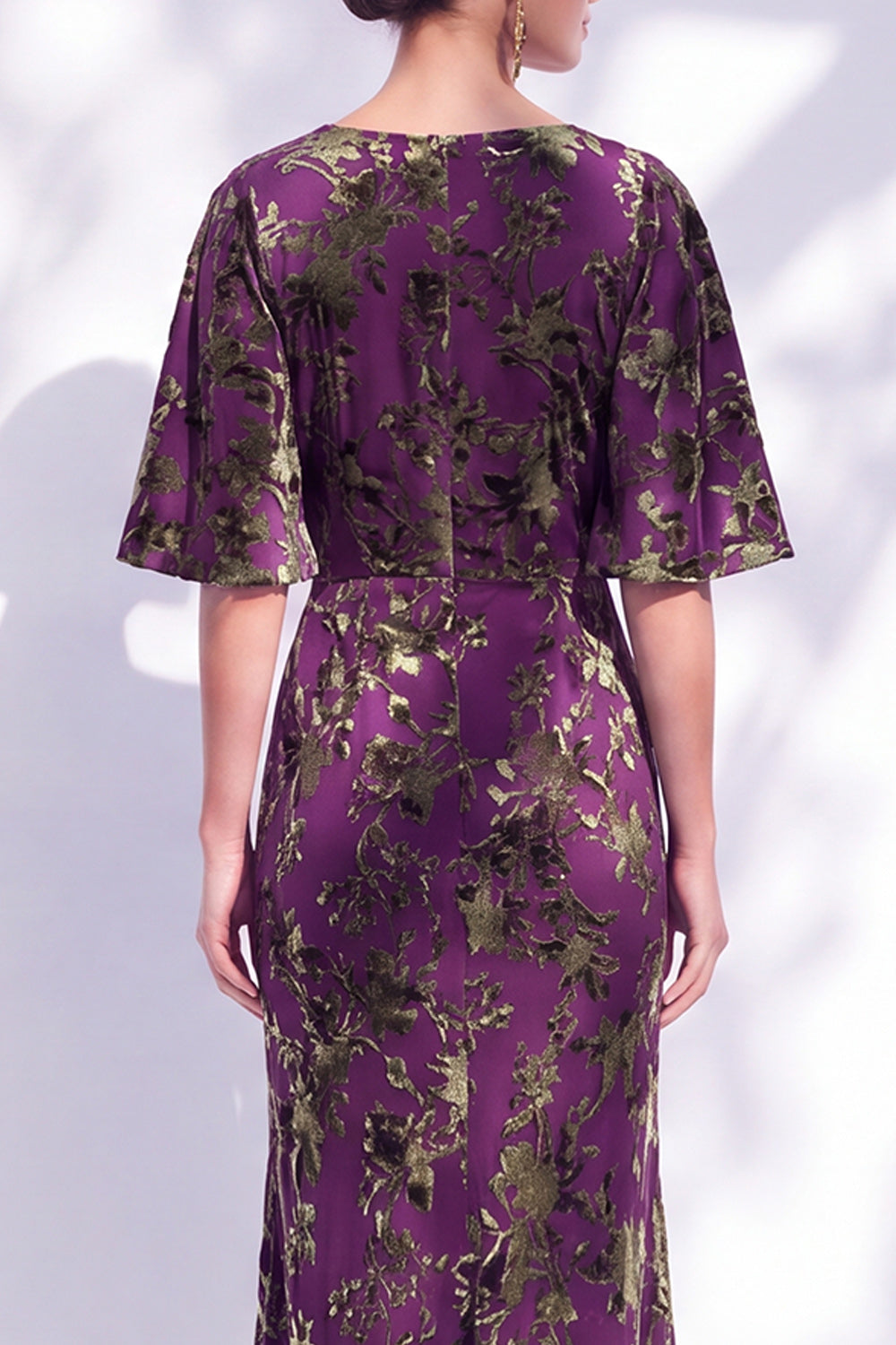 Dark Purple Floral Mermaid Long Mother of the Bride Dress with Sleeves