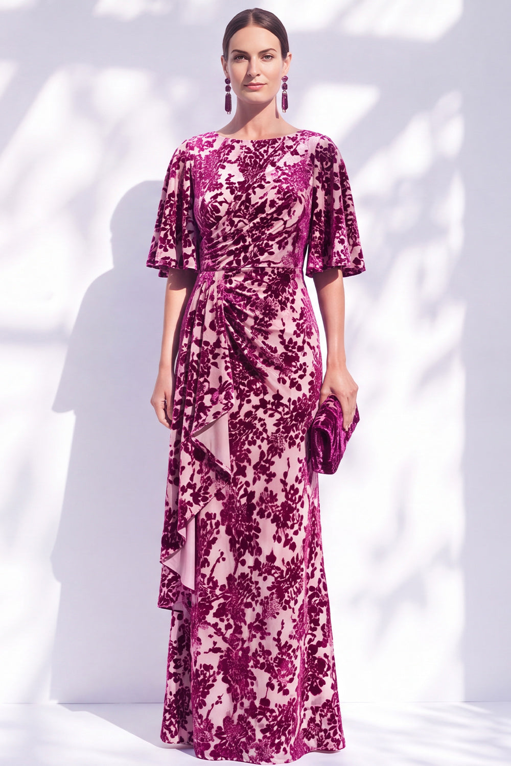 Dark Purple Floral Mermaid Long Mother of the Bride Dress with Sleeves