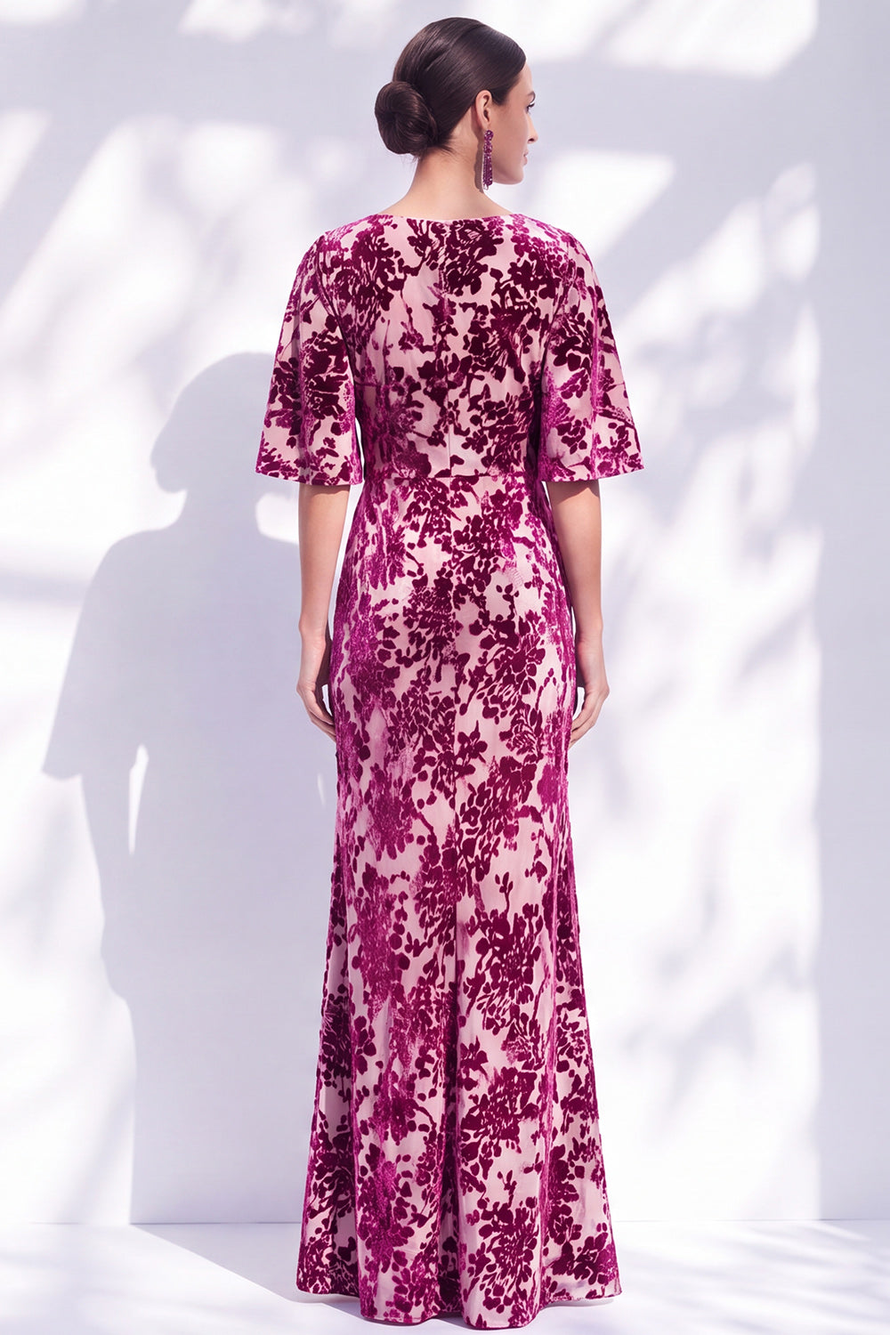 Dark Purple Floral Mermaid Long Mother of the Bride Dress with Sleeves