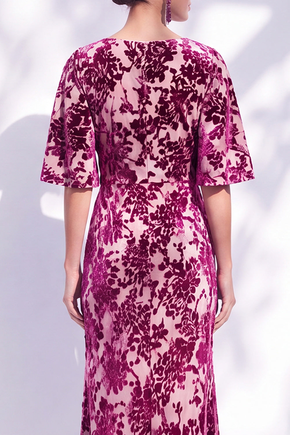 Dark Purple Floral Mermaid Long Mother of the Bride Dress with Sleeves