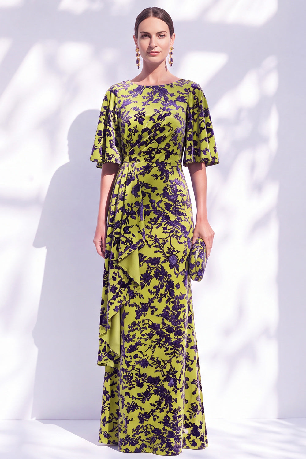 Dark Purple Floral Mermaid Long Mother of the Bride Dress with Sleeves
