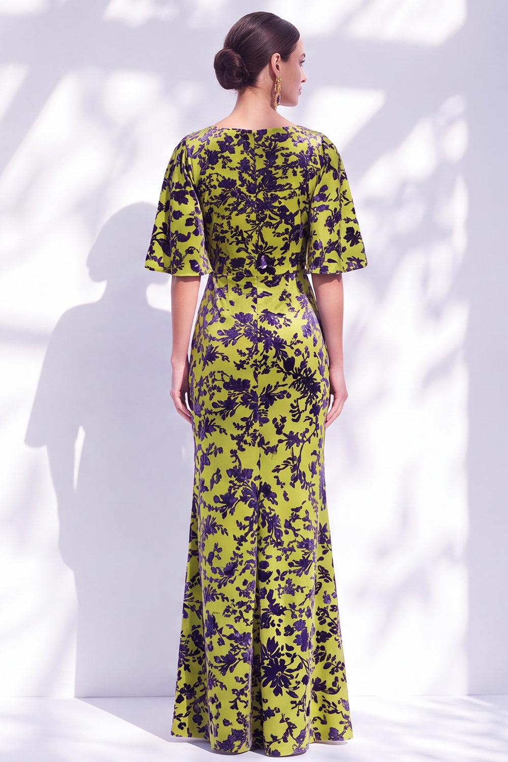 Dark Purple Floral Mermaid Long Mother of the Bride Dress with Sleeves