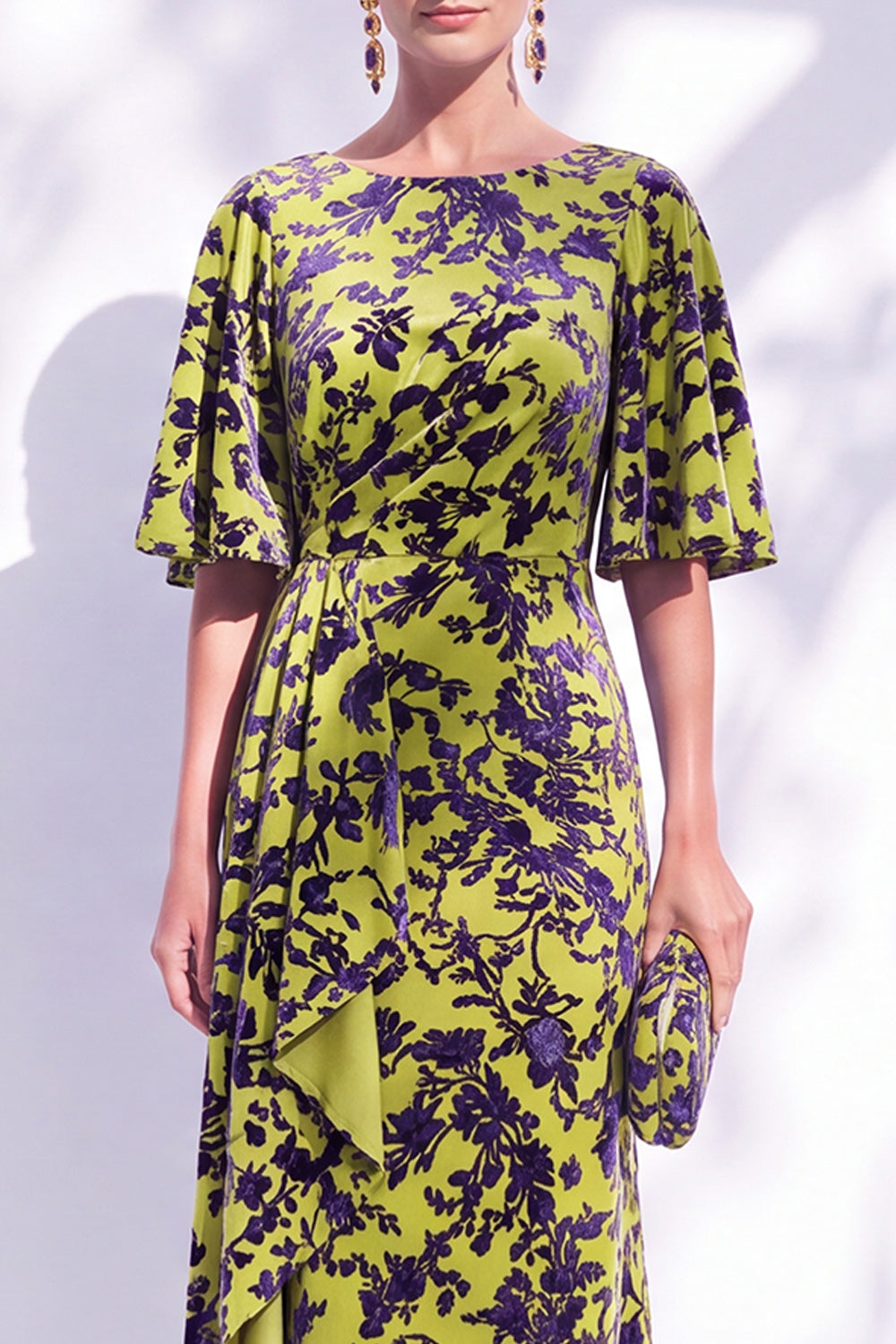 Dark Purple Floral Mermaid Long Mother of the Bride Dress with Sleeves