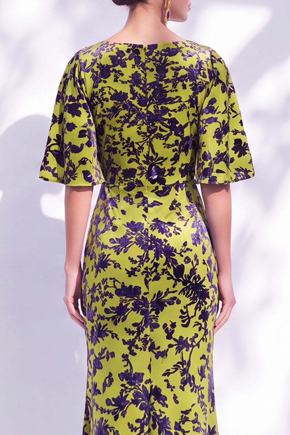 Dark Purple Floral Mermaid Long Mother of the Bride Dress with Sleeves
