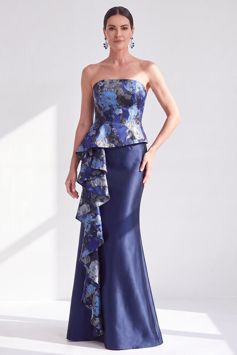 Navy Green Floral Strapless Ruffled Mermaid Long Mother of the Bride Dress
