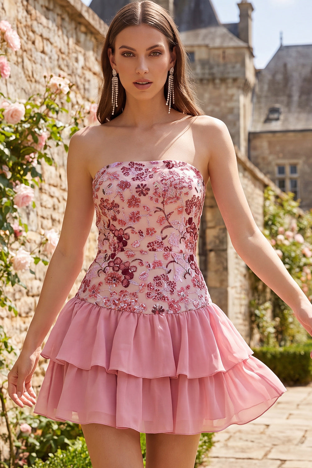 Sparkly Floral Sky Blue Ruffled Sequin Short Homecoming Dress