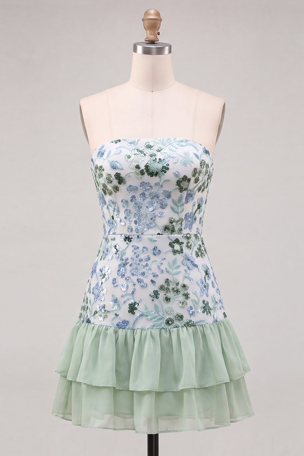 Sparkly Floral Sky Blue Ruffled Sequin Short Homecoming Dress