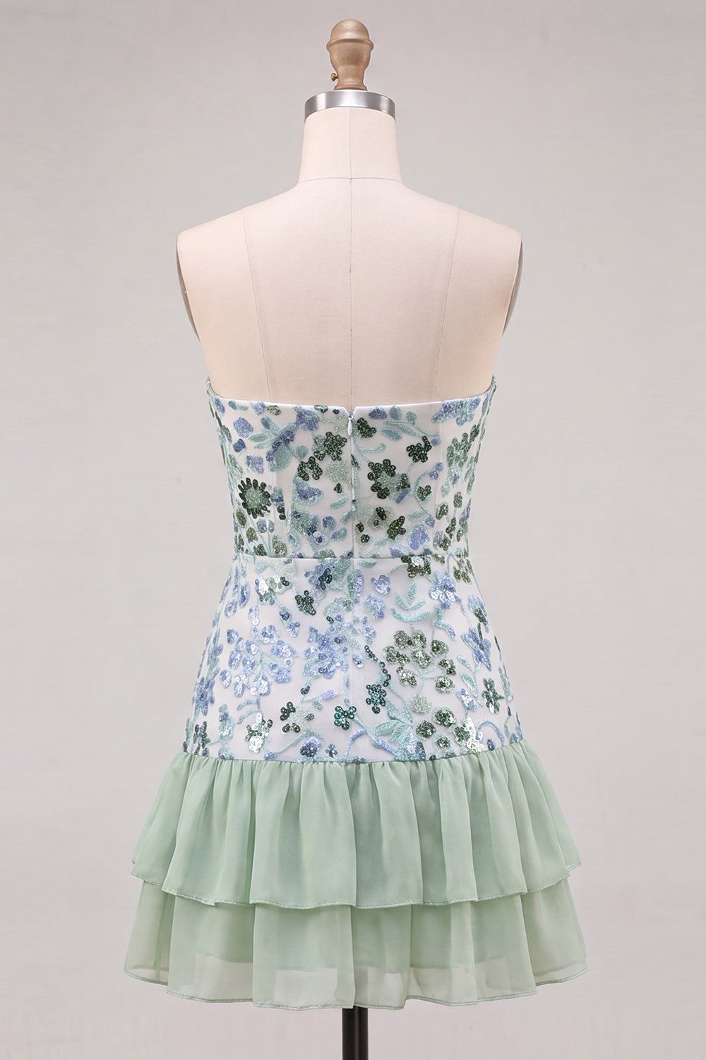 Sparkly Floral Sky Blue Ruffled Sequin Short Homecoming Dress