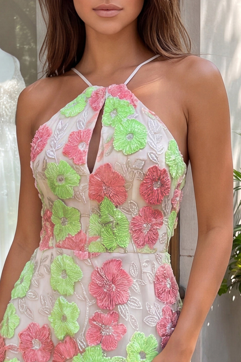Pink and Green Keyhole Flower Halter Tight Short Homecoming Dress