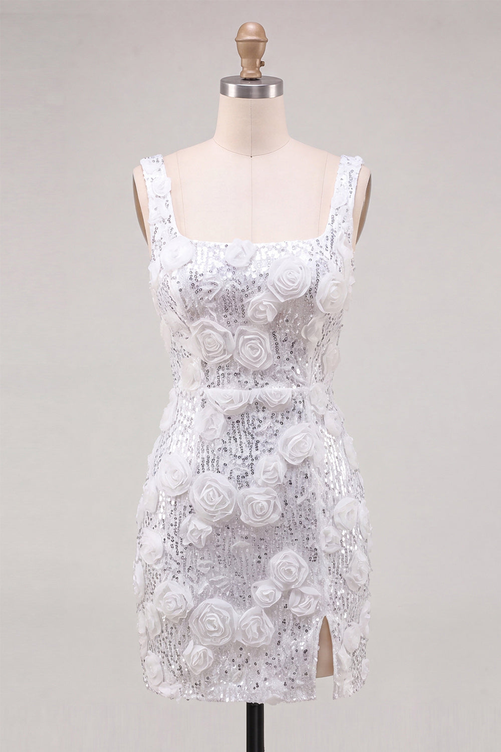 Floral Sparkly Ivory Sequin Short Tight Homecoming Dress with Slit